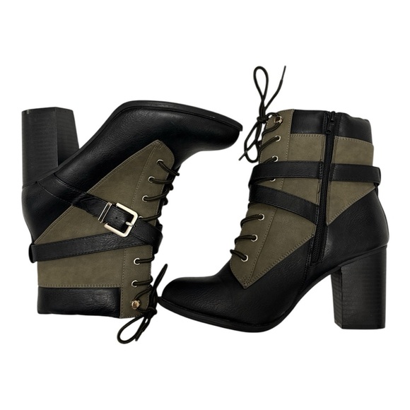 Apt. 9 Green and Black Ankle Boots with Chunky Heels and Lace-Up Design - Picture 1 of 5